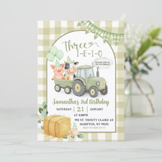 Green Farm Animals Three-i-e-i-o 3rd Birthday 招待状 (スタンド正面)