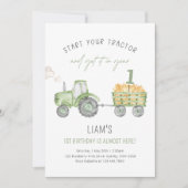 Green Farm Tractor 1st Birthday Party 招待状 (正面)