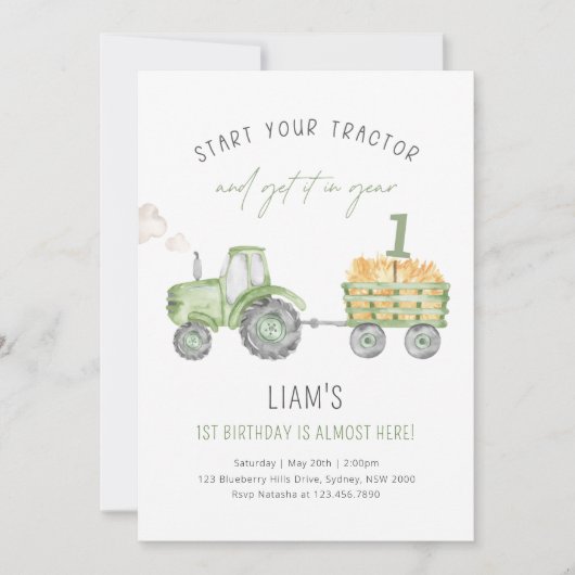 Green Farm Tractor 1st Birthday Party 招待状 (正面)