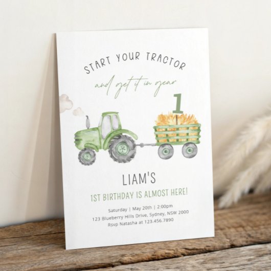 Green Farm Tractor 1st Birthday Party 招待状