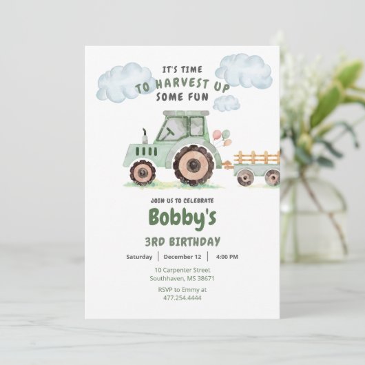 Green Farm Tractor Boys Any Age Birthday 招待状 (スタンド正面)