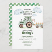 Green Farm Tractor Boys Any Age Birthday 招待状 (正面/裏面)