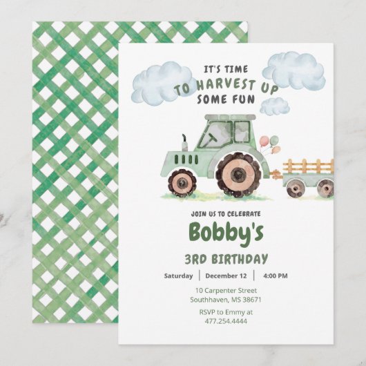 Green Farm Tractor Boys Any Age Birthday 招待状 (正面/裏面)