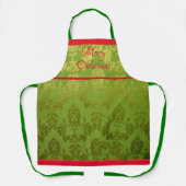  Green Faux Brocade Red Trim Holiday Apron エプロン (正面)