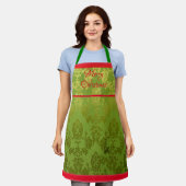  Green Faux Brocade Red Trim Holiday Apron エプロン (着用した状態)