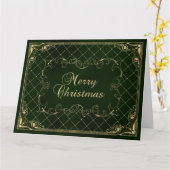Green Faux Gold Ornate Border Merry Christmas カード (黄色い花)