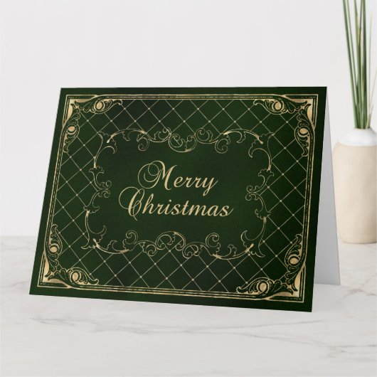 Green Faux Gold Ornate Border Merry Christmas カード (正面)