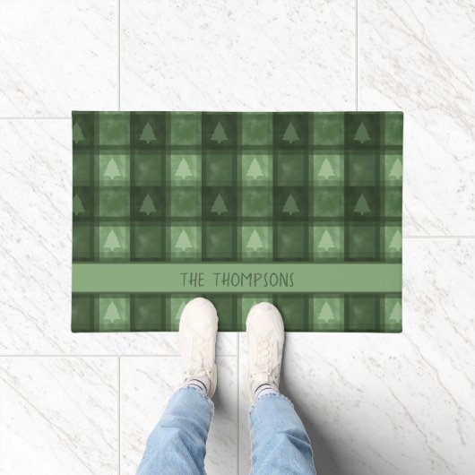 Green Fir Trees Plaid With Custom Name Christmas ドアマット (室内)
