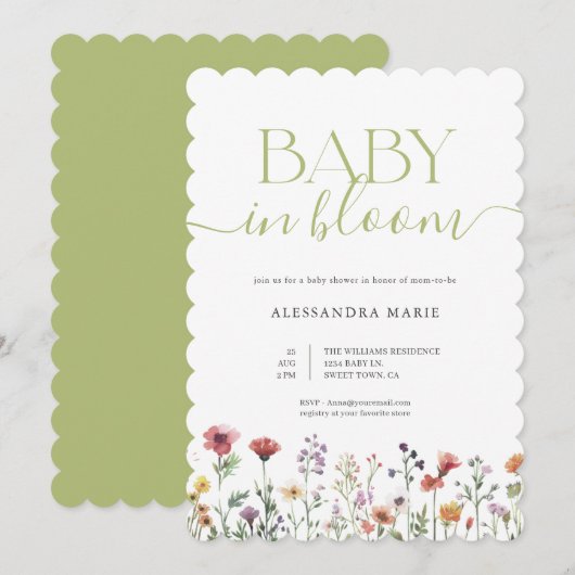 Green Floral Baby in Bloom ベビーシャワー 招待状 (正面/裏面)