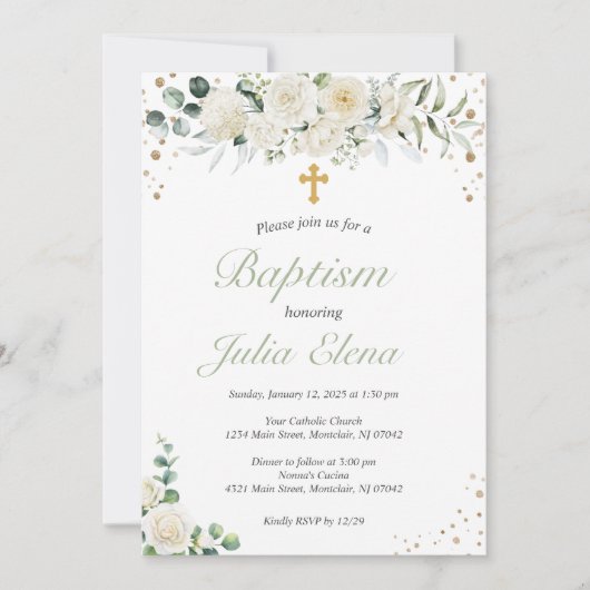 Green Floral Baptism Invitation 招待状 (正面)