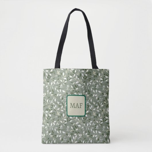 Green Floral Botanical Vines Monogram トートバッグ (正面)