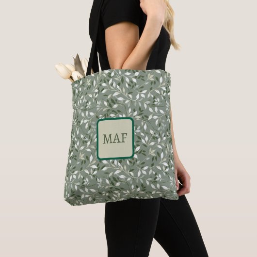 Green Floral Botanical Vines Monogram トートバッグ (クローズアップ)