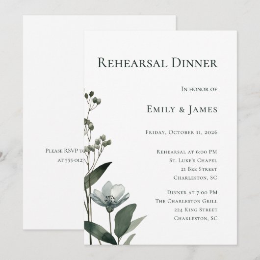 Green Floral Botanical Wedding 招待状 (正面/裏面)
