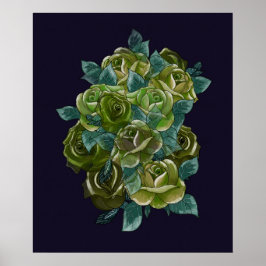 Green floral bouquet, navy blue, exotic roses ポスター