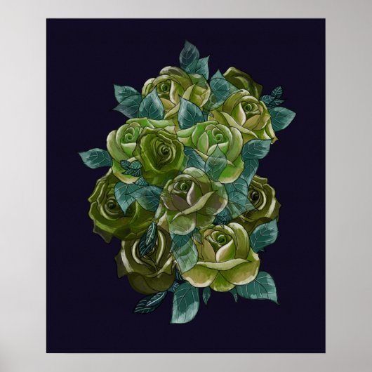 Green floral bouquet, navy blue, exotic roses ポスター (正面)
