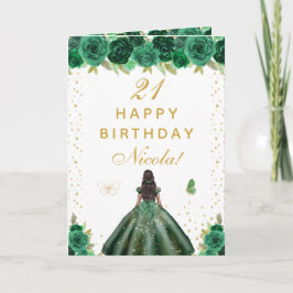 Green Floral Dark Skin Girl Birthday カード