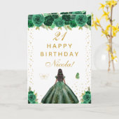 Green Floral Dark Skin Girl Birthday カード (黄色い花)