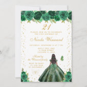 Green Floral Dark Skin Princess Birthday Party 招待状 (正面)