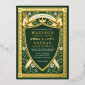 Green Floral Fantasy Sword Shield Monogram Wedding 箔招待状 (正面)