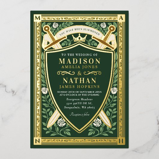 Green Floral Fantasy Sword Shield Monogram Wedding 箔招待状 (正面)