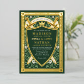 Green Floral Fantasy Sword Shield Monogram Wedding 箔招待状 (立ち正面)