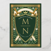 Green Floral Fantasy Sword Shield Monogram Wedding 箔招待状 (裏面)