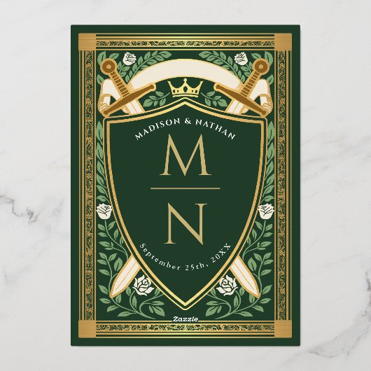 Green Floral Fantasy Sword Shield Monogram Wedding 箔招待状 (裏面)