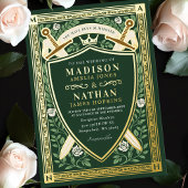 Green Floral Fantasy Sword Shield Monogram Wedding 箔招待状