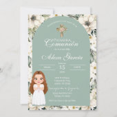 Green floral First Communion Invitation 招待状 (正面)