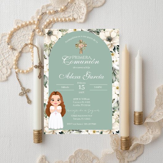 Green floral First Communion Invitation 招待状