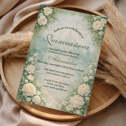 Green Floral Gold Garden Quinceañera 招待状