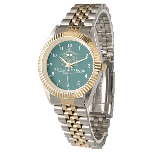 Green Floral Monogram Wedding Personalized Couple 腕時計 (アングル)