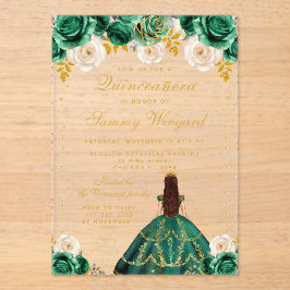 Green Floral Princess Quinceañera アクリル招待状