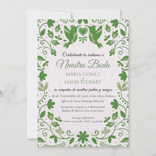 Green Floral Romantic Aesthetic Spanish Wedding 招待状 (正面)