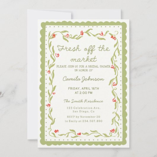 Green Floral Scalloped Frame Birthday Invitation 招待状 (正面)