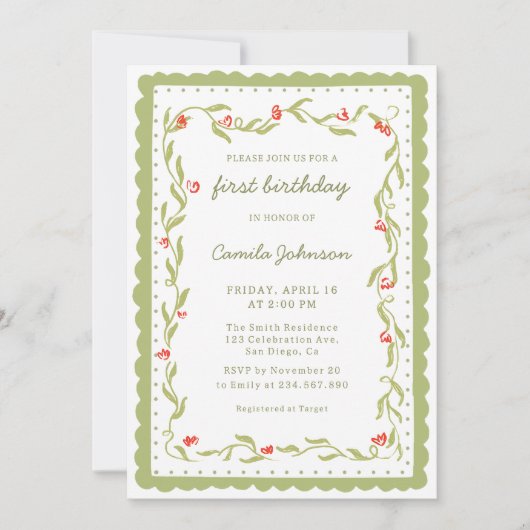 Green Floral Scalloped Frame Birthday Invitation 招待状 (正面)