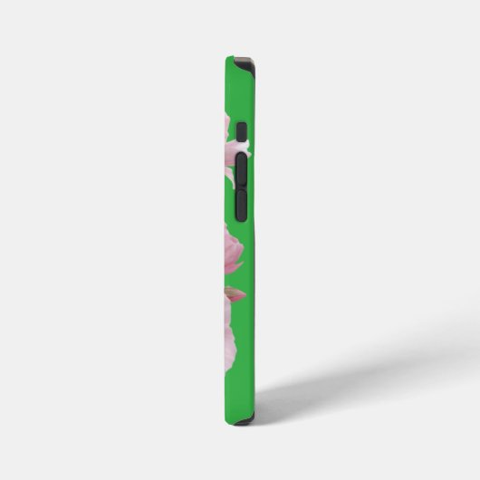 Green Floral Soft Pink Flowers Elegant iPhoneケース (左側面)