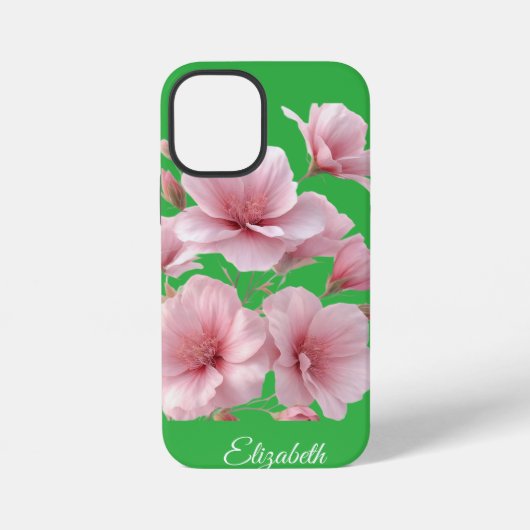 Green Floral Soft Pink Flowers Elegant iPhoneケース (裏面)