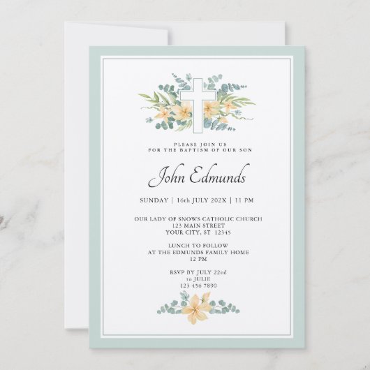 Green Floral Watercolor Baptism Invitation 招待状 (正面)