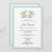 Green Floral Watercolor Baptism Invitation