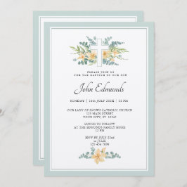 Green Floral Watercolor Baptism Invitation 招待状