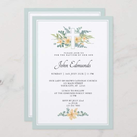 Green Floral Watercolor Baptism Invitation 招待状 (正面/裏面)