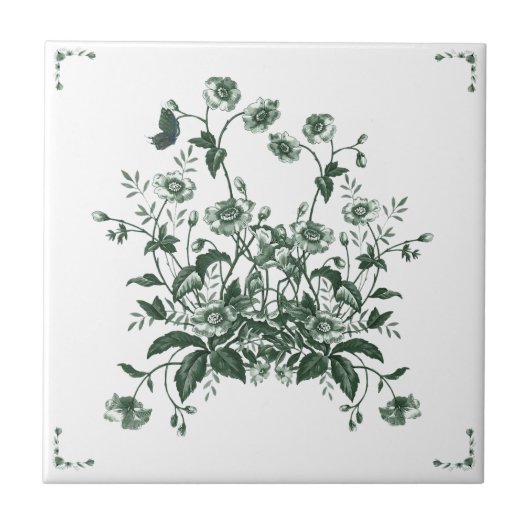 Green Flower Bush Toile Inspired Decorative Tile タイル (正面)