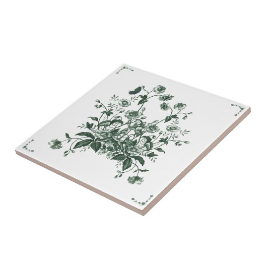 Green Flower Bush Toile Inspired Decorative Tile タイル (側面)