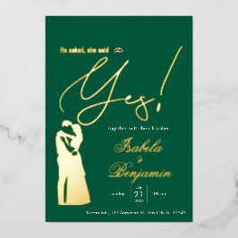 Green Foil “He Asked She Said Yes” Wedding Invitat 箔招待状