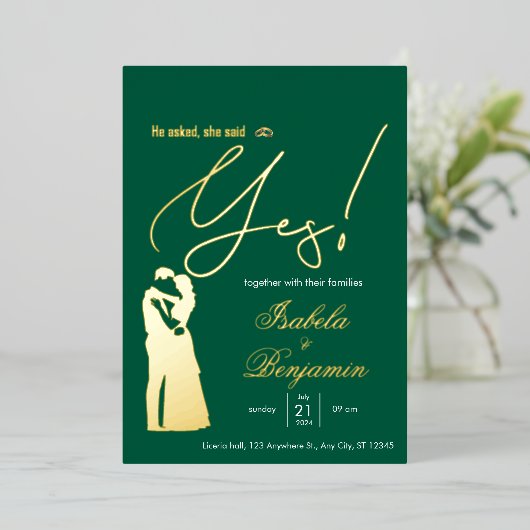 Green Foil “He Asked She Said Yes” Wedding Invitat 箔招待状 (立ち正面)