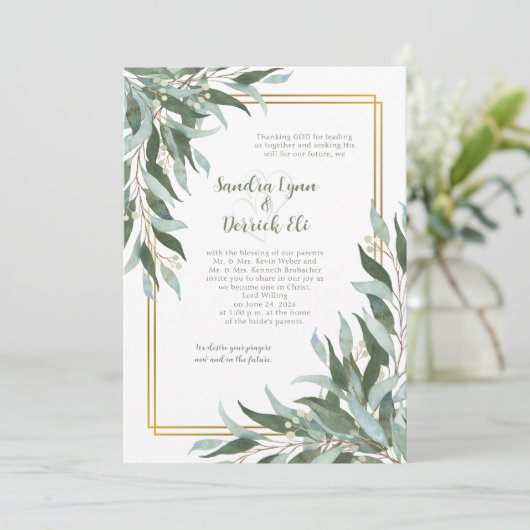 Green Foliage Greenery Gold Frame Wedding 招待状 (スタンド正面)