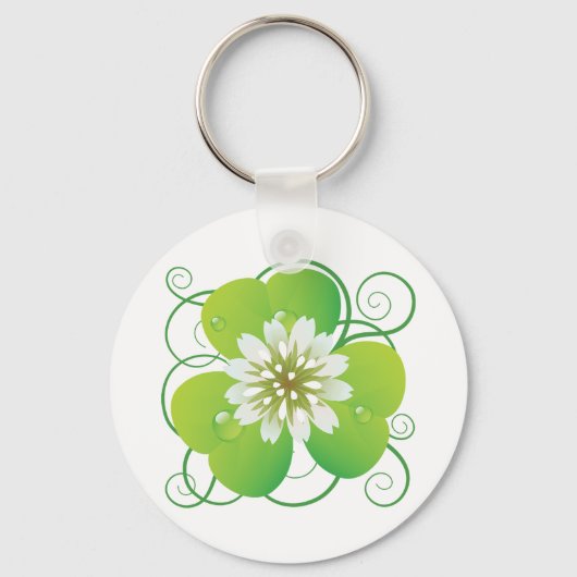 Green Four Leaf Clover with White Floral Bloom キーホルダー (正面)