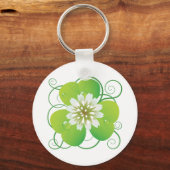 Green Four Leaf Clover with White Floral Bloom キーホルダー (裏面)