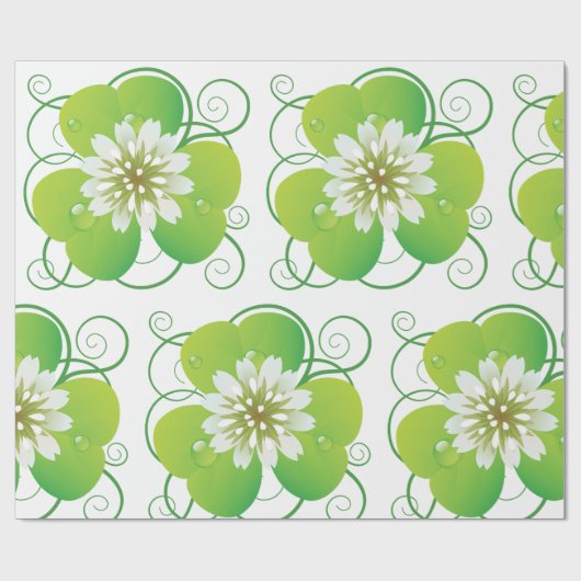 Green Four Leaf Clover with White Floral Bloom ラッピングペーパー (フラット)